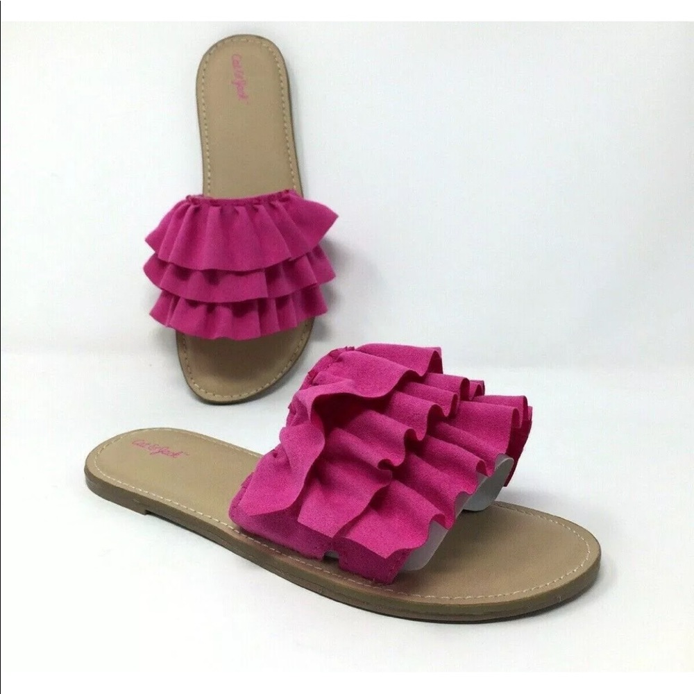 Girls Sz 2 fuchsia pink ruffle slides - Picture 3 of 8